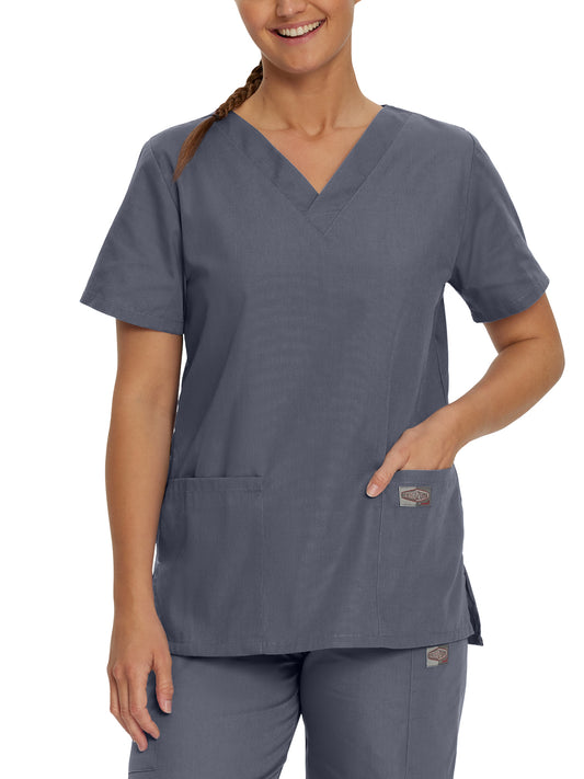 Women's Three-Pocket Clean Back V-Neck Top - 70221 - Steel Grey