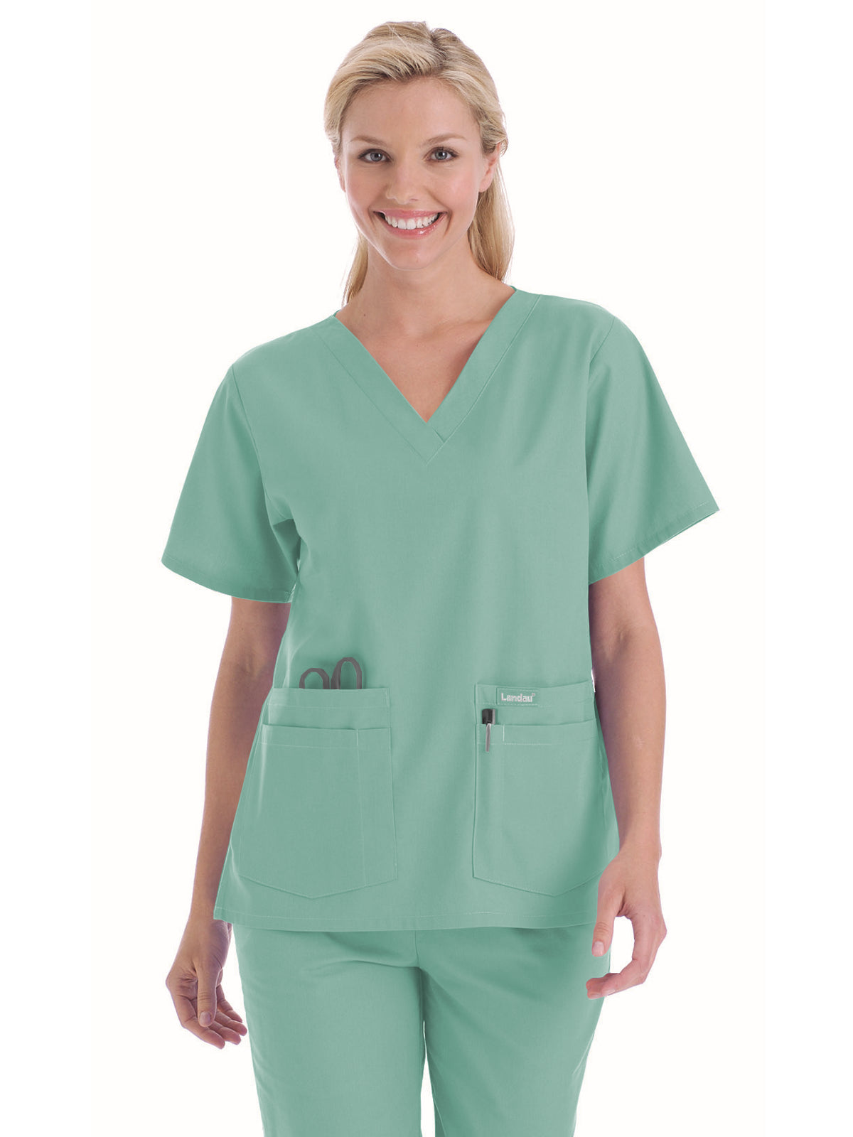 Women's Four-Pocket Durable V-Neck Top - 8219 - Sea Mist
