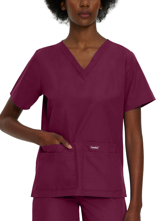 Women's Four-Pocket Durable V-Neck Top - 8219 - Wine