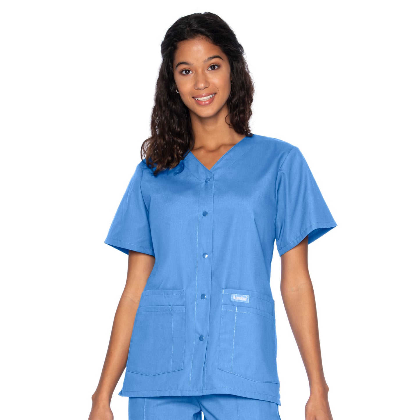 Women's Four-Pocket Snap-Front V-Neck Top - 8232 - Ceil Blue