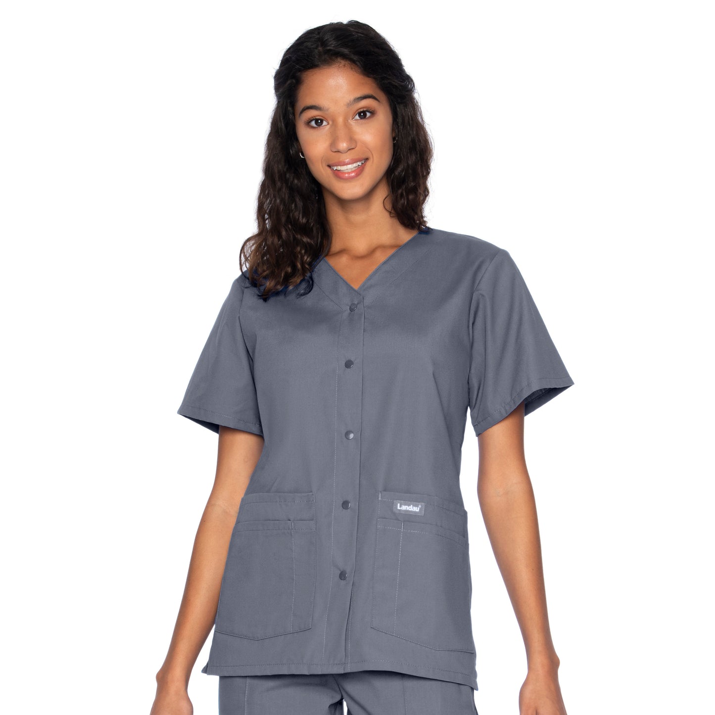 Women's Four-Pocket Snap-Front V-Neck Top - 8232 - Steel Grey