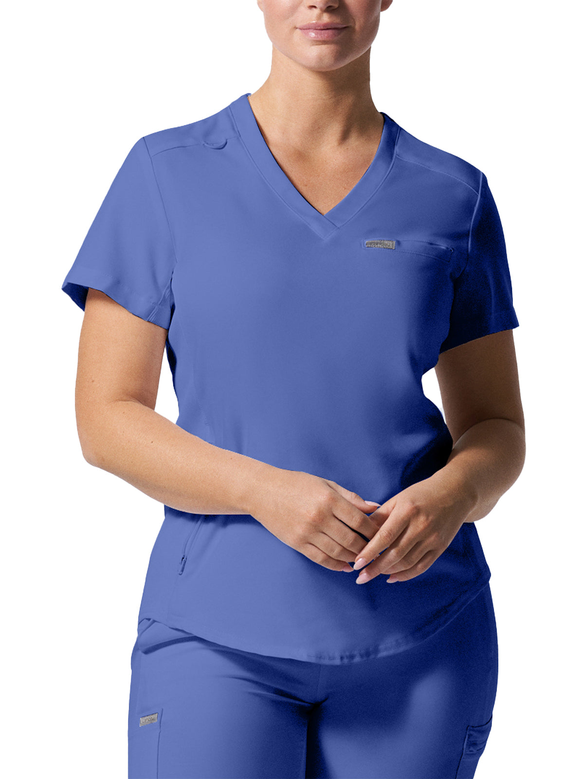 Women's Two-Pocket Shirttail Hemline V-Neck Top - LT101 - Ceil Blue