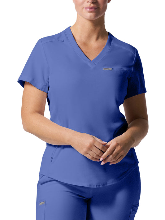 Women's Two-Pocket Shirttail Hemline V-Neck Top - LT101 - Ceil Blue