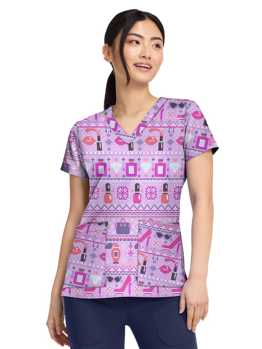 Women's 2-Pocket V-Neck Print Top - 8564 - Fashion Fair Isle