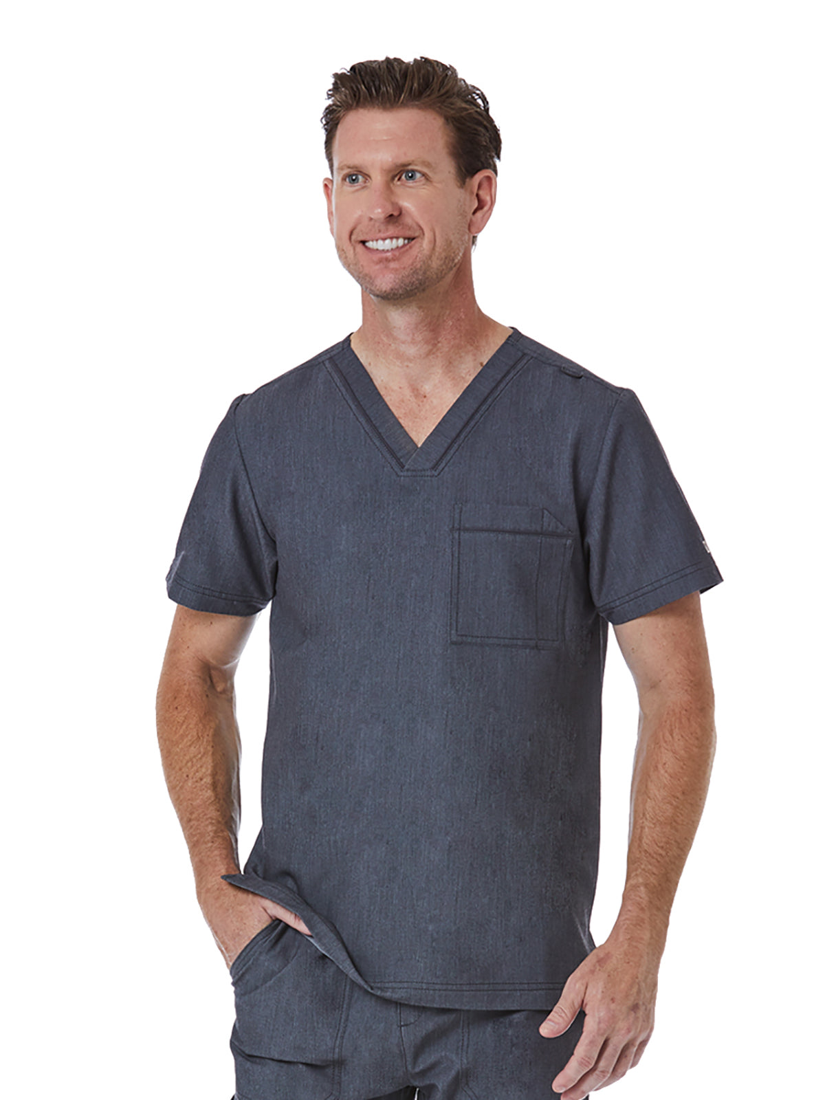 Men's One-Pocket Tuckable Contrast Piping V-Neck Top - 5901 - Heather Grey