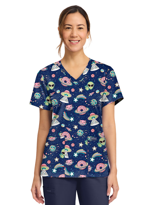 Women's 2-Pocket Print V-Neck Scrub Top - CK856 - Groovy Galaxy