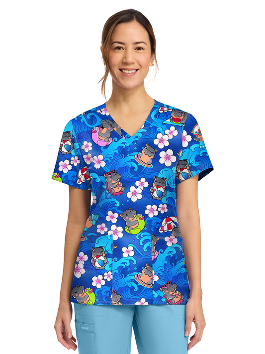 Women's 2-Pocket Print V-Neck Scrub Top - CK856 - Hippo Water Mus