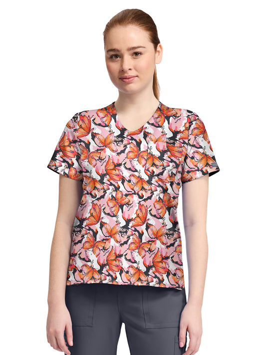 Women's 1-Pocket Print High-Low V-Neck Scrub Top - CK857 - Active Butterfly