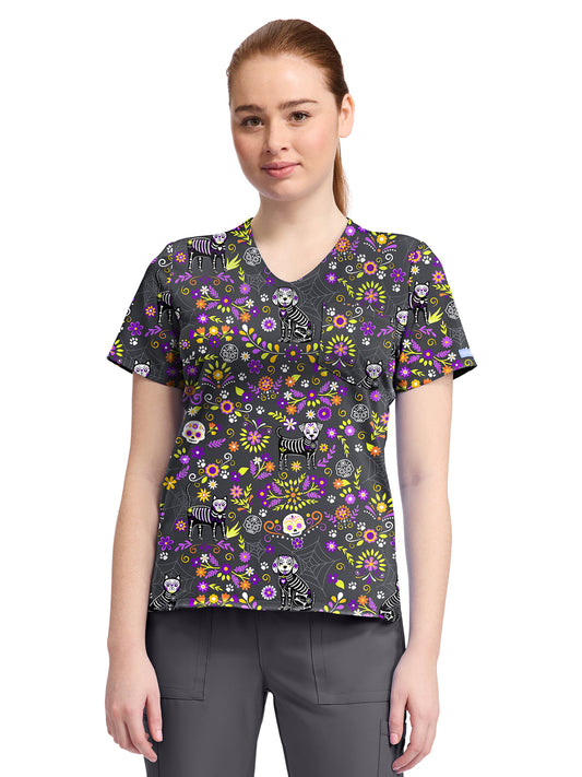 Women's 1-Pocket Print High-Low V-Neck Scrub Top - CK857 - Day Of The Pets