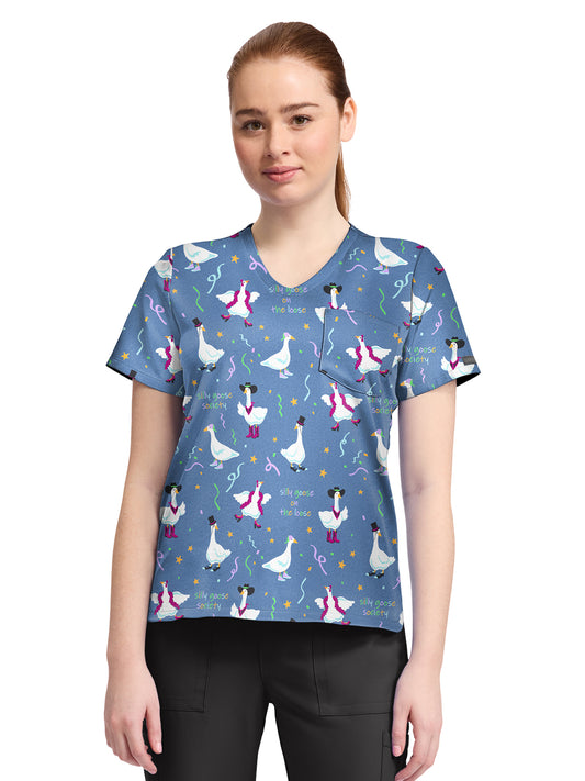 Women's 1-Pocket Print High-Low V-Neck Scrub Top - CK857 - Silly Goose