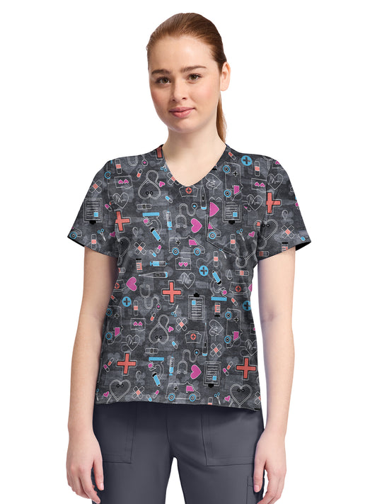 Women's 1-Pocket Print High-Low V-Neck Scrub Top - CK857 - Wellness Icons