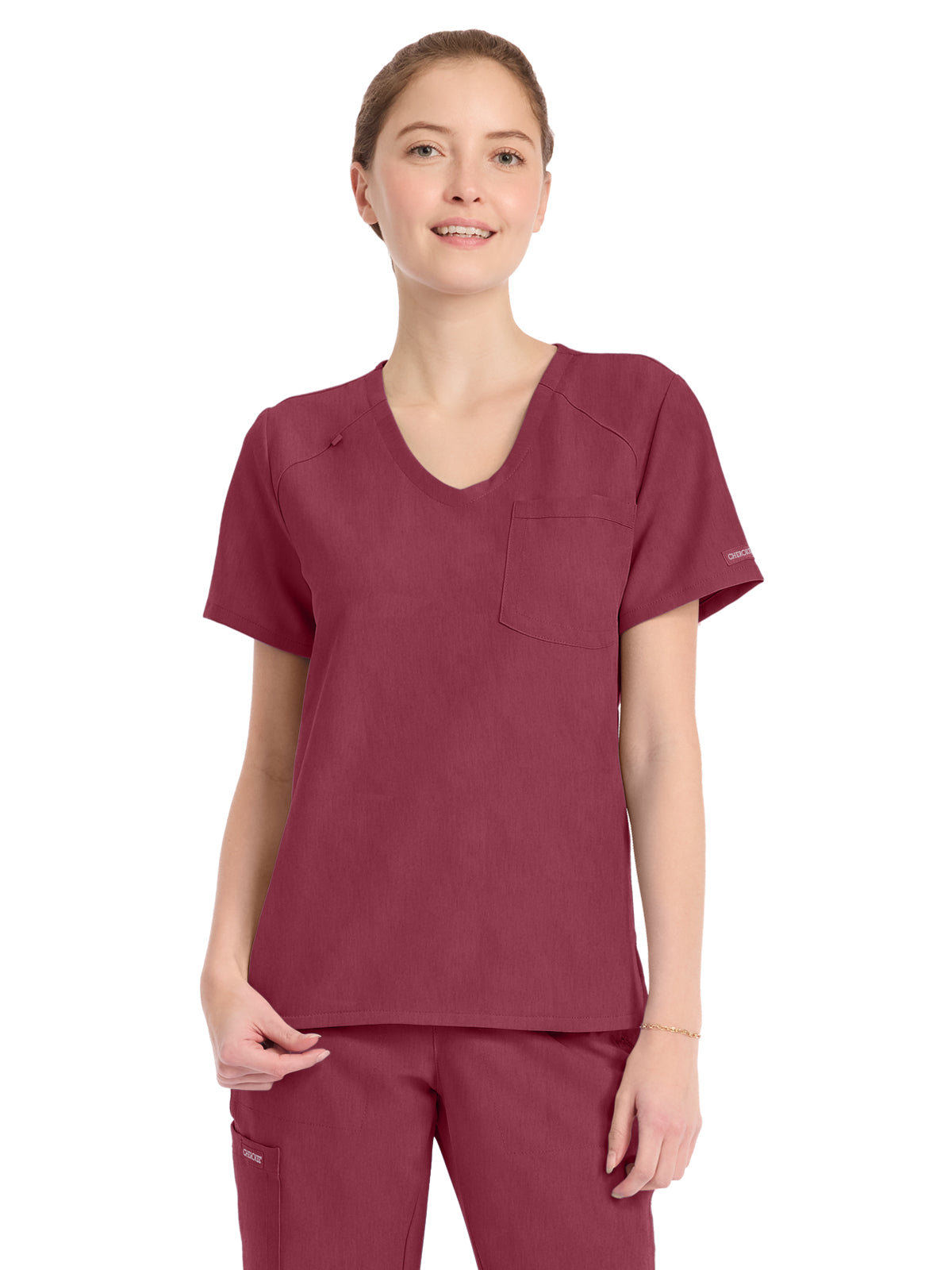 Women's 1-Pocket Tuck-In V-Neck Top - CK954A - Heather Cranberry
