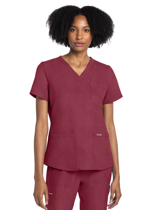 Women's 3-Pocket V-Neck Top - CK961A - Heather Cranberry