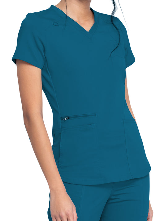 Women's 5-Pocket Rib Knit V-Neck Top - DK875 - Caribbean Blue