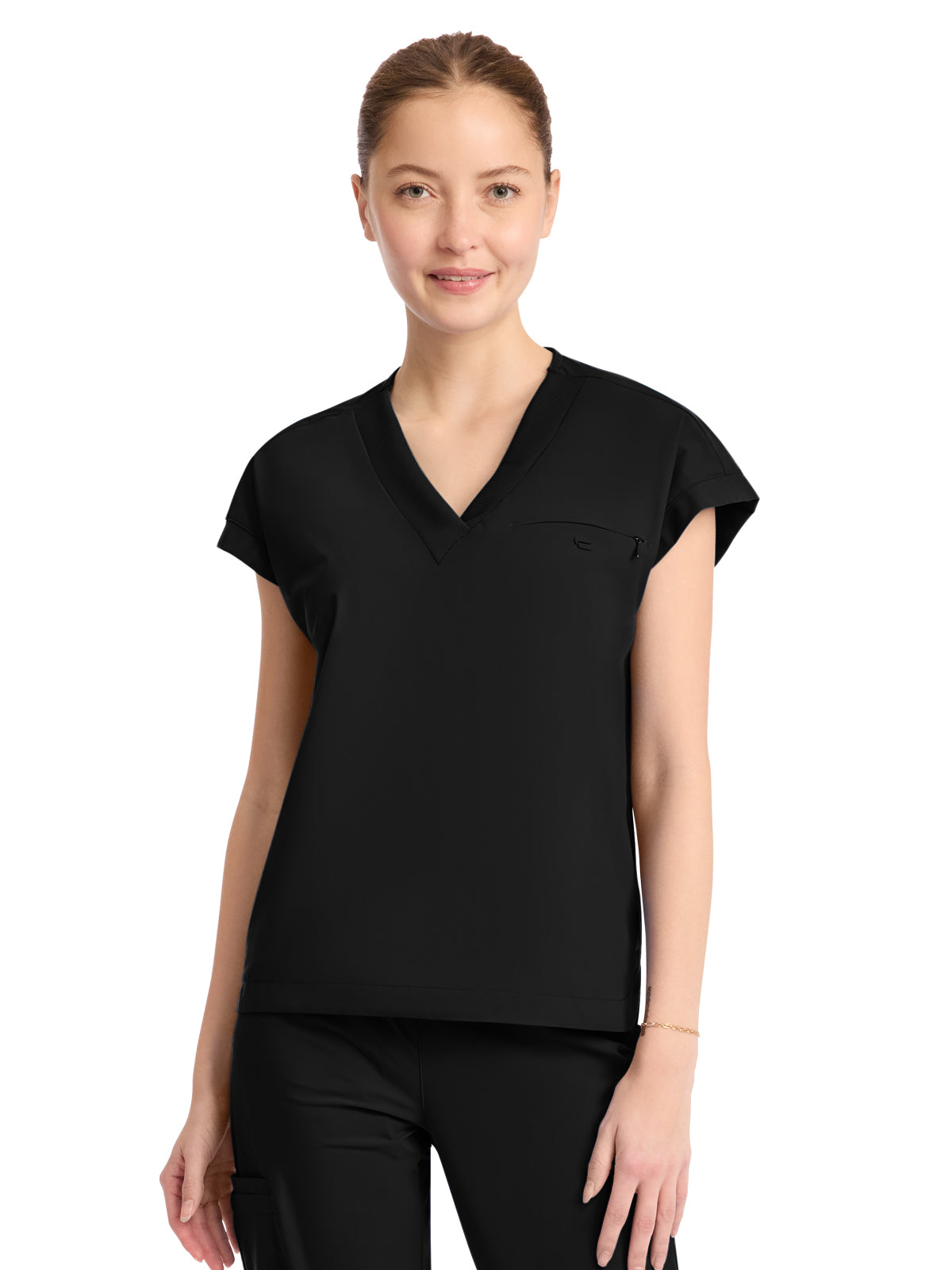 Women's 1-Pocket V-Neck Top - IN650A - Black