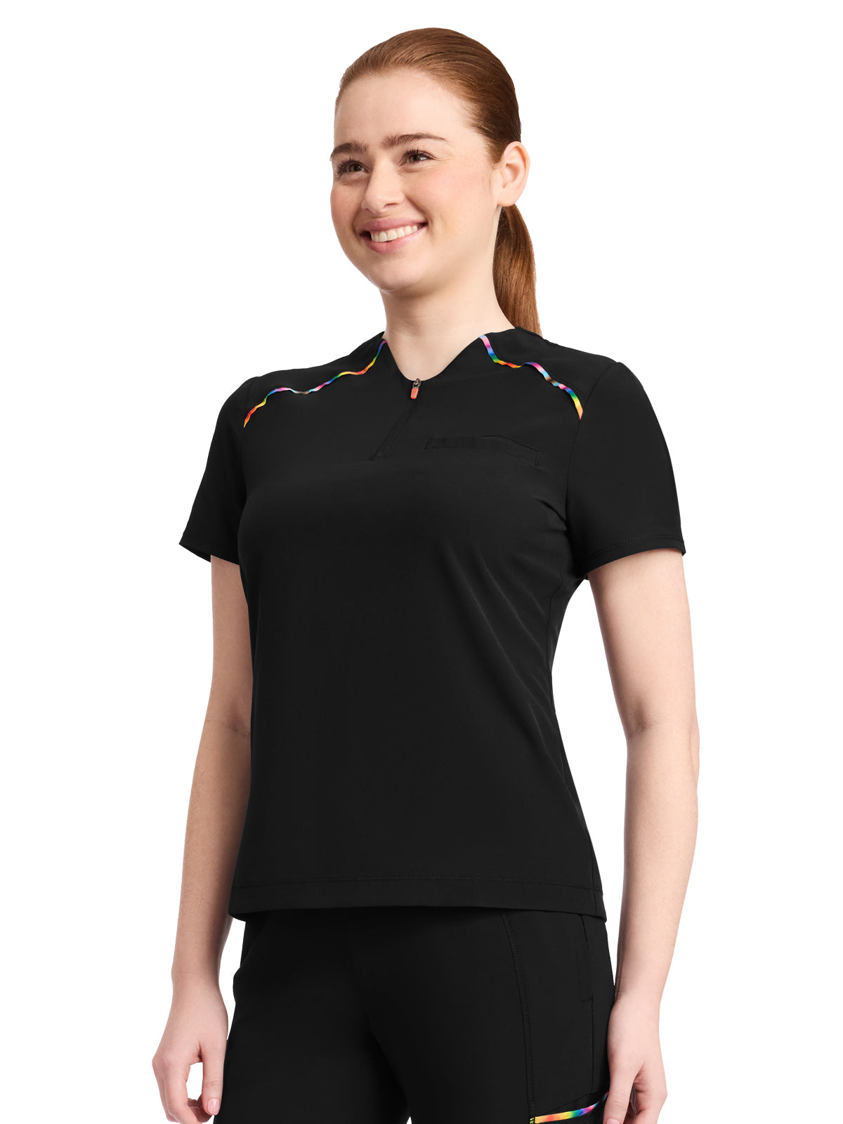 Women's 1-Pocket Zip Henley Top - IN744A - Black