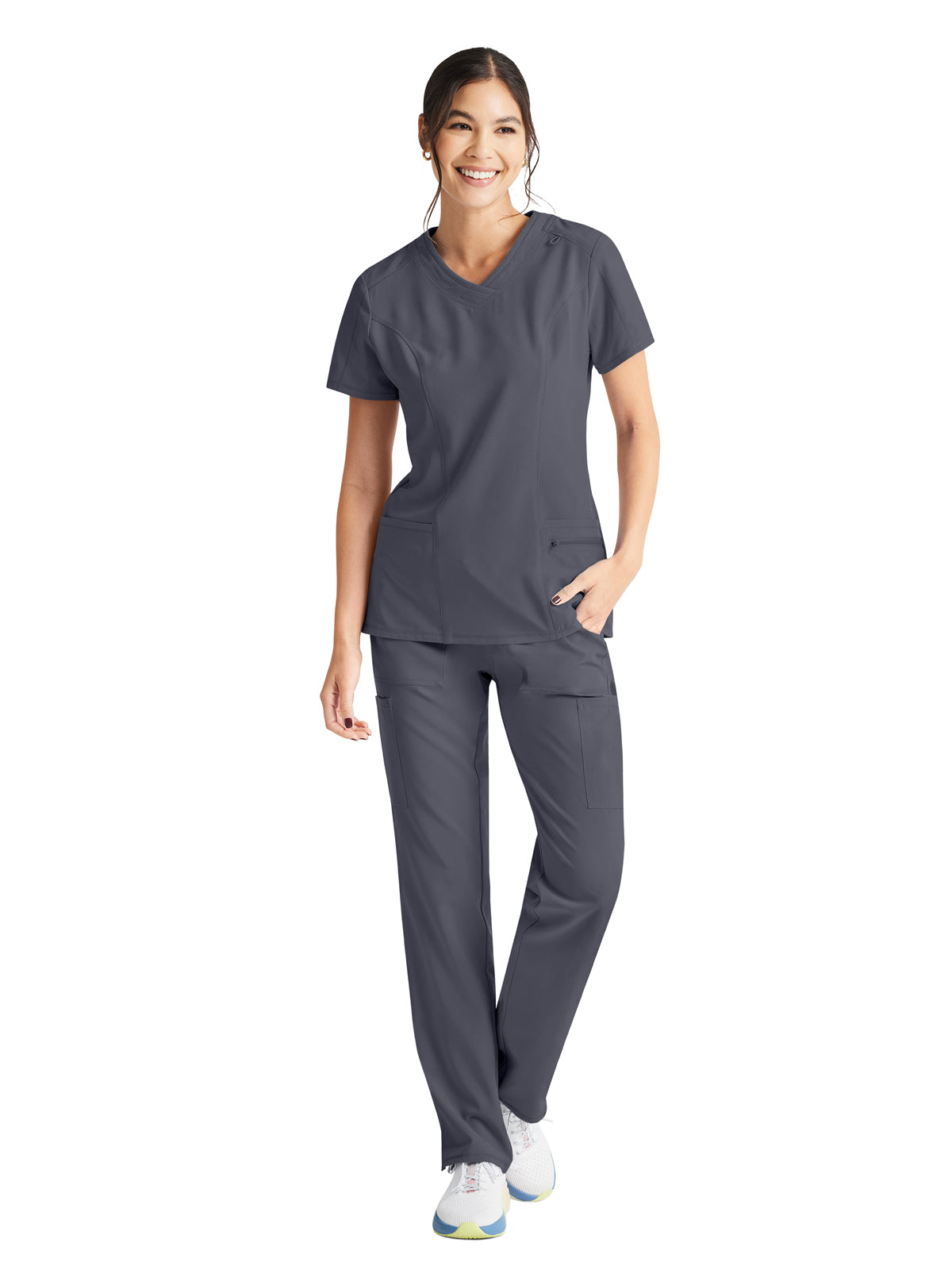 Women's 4-Pocket V-Neck Top - IP727A - Pewter