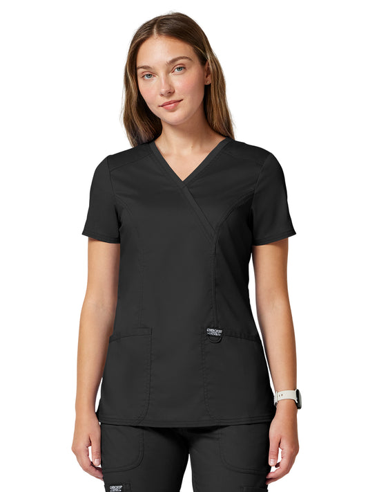 Women's 2-Pocket Mock Wrap Top - WW610 - Black