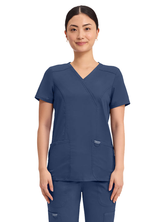 Women's 2-Pocket Mock Wrap Top - WW610 - Navy