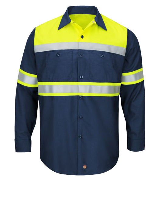 Unisex Hi-Visibility Long Sleeve Color Block Ripstop Work Shirt - Type O, Class 1 - SY70 - Fluorescent Yellow/Navy