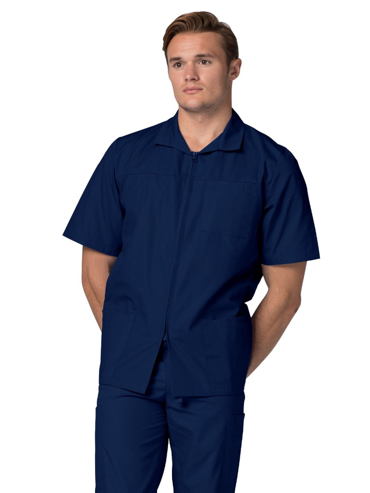 Men's Zippered Short Sleeve Scrub Jacket - 607 - Navy