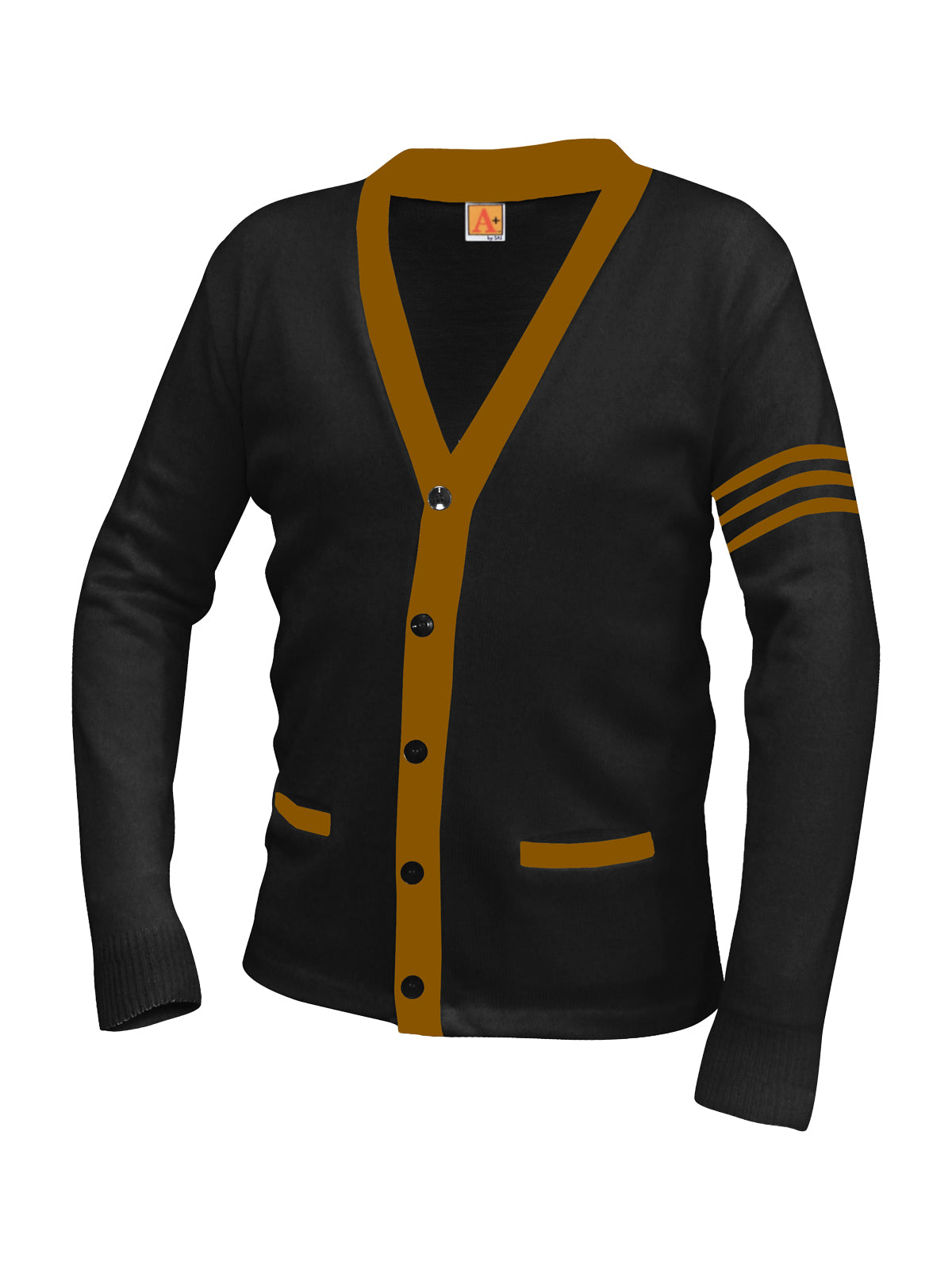 Unisex Two-Pocket Varsity 5-Button Contrast Cardigan Sweatshirt - 6340 - Black with Old Gold Stripe