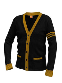 Unisex Two-Pocket Varsity 5-Button Contrast Cardigan Sweatshirt - 6340 - Black with Uniform Gold Stripe