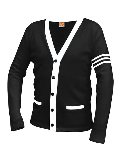 Unisex Two-Pocket Varsity 5-Button Contrast Cardigan Sweatshirt - 6340 - Black with White Stripe