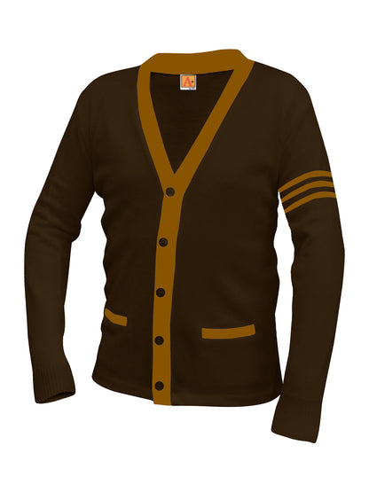 Unisex Two-Pocket Varsity 5-Button Contrast Cardigan Sweatshirt - 6340 - Brown with Old Gold Stripe