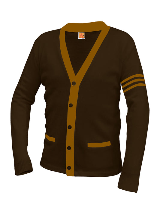 Unisex Two-Pocket Varsity 5-Button Contrast Cardigan Sweatshirt - 6340 - Brown with Old Gold Stripe
