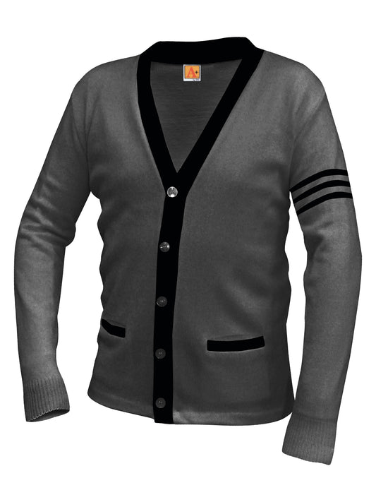 Unisex Two-Pocket Varsity 5-Button Contrast Cardigan Sweatshirt - 6340 - Charcoal Heather with Black Stripe