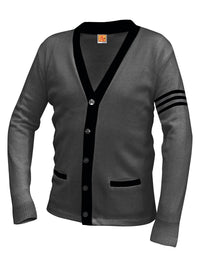 Unisex Two-Pocket Varsity 5-Button Contrast Cardigan Sweatshirt - 6340 - Charcoal Heather with Black Stripe