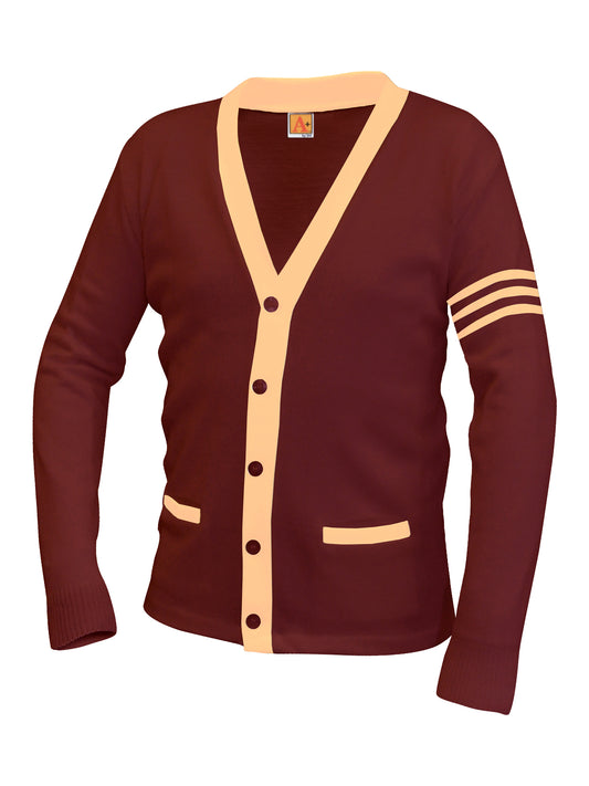 Unisex Two-Pocket Varsity 5-Button Contrast Cardigan Sweatshirt - 6340 - Cardinal with Cream Stripe