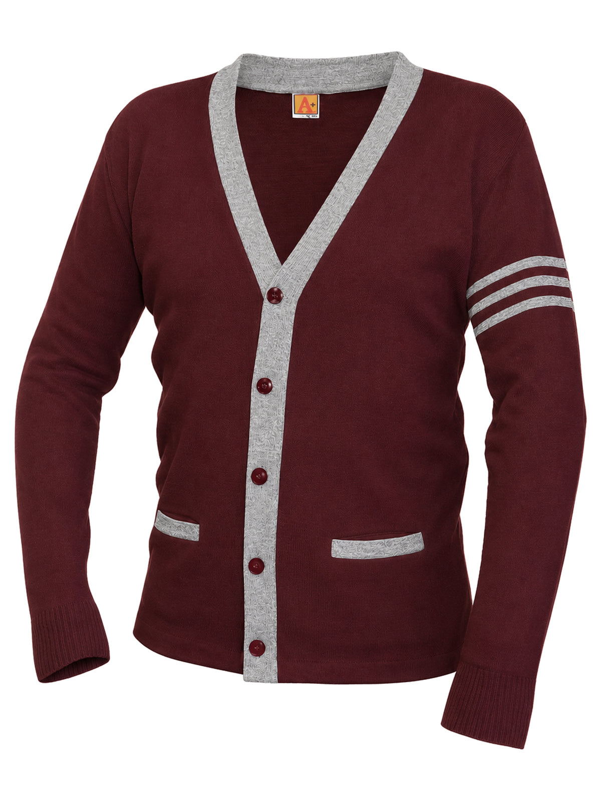 Unisex Two-Pocket Varsity 5-Button Contrast Cardigan Sweatshirt - 6340 - Cardinal with Grey Heather Stripe