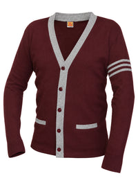 Unisex Two-Pocket Varsity 5-Button Contrast Cardigan Sweatshirt - 6340 - Cardinal with Grey Heather Stripe