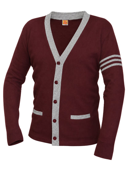 Unisex Two-Pocket Varsity 5-Button Contrast Cardigan Sweatshirt - 6340 - Cardinal with Grey Heather Stripe