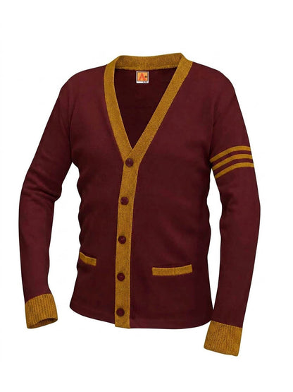 Unisex Two-Pocket Varsity 5-Button Contrast Cardigan Sweatshirt - 6340 - Cardinal with Uniform Gold Stripe