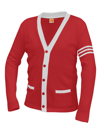 Unisex Two-Pocket Varsity 5-Button Contrast Cardigan Sweatshirt - 6340 - Lipstick with White Stripe
