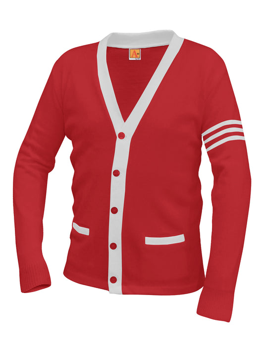 Unisex Two-Pocket Varsity 5-Button Contrast Cardigan Sweatshirt - 6340 - Lipstick with White Stripe