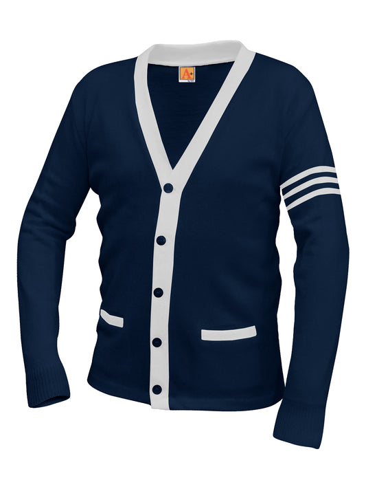 Unisex Two-Pocket Varsity 5-Button Contrast Cardigan Sweatshirt - 6340 - Navy with White Stripe
