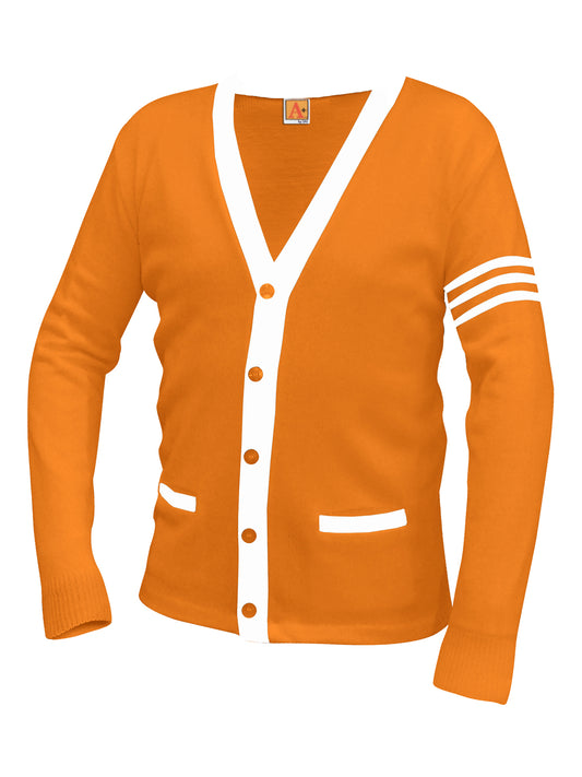 Unisex Two-Pocket Varsity 5-Button Contrast Cardigan Sweatshirt - 6340 - Orange with White Stripe