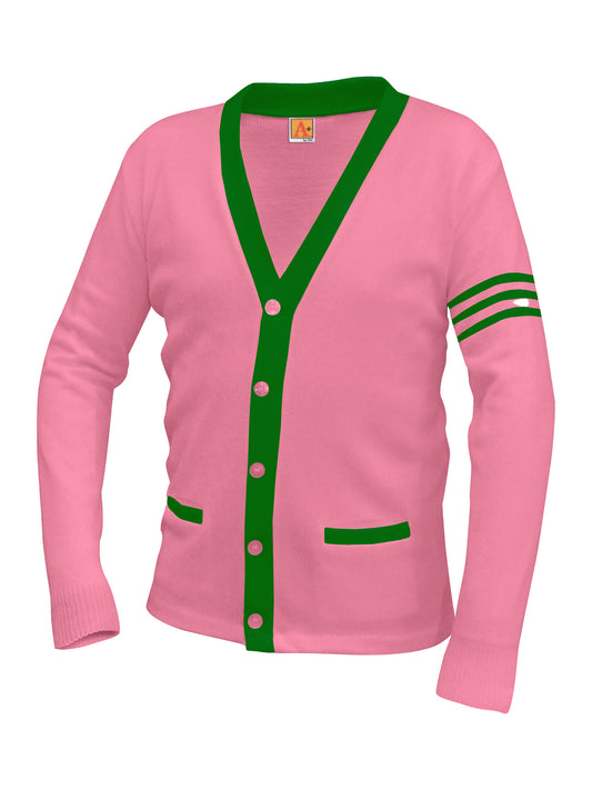 Unisex Two-Pocket Varsity 5-Button Contrast Cardigan Sweatshirt - 6340 - Passion Pink with Kelly Green Stripe