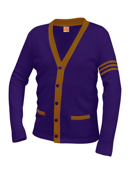 Unisex Two-Pocket Varsity 5-Button Contrast Cardigan Sweatshirt - 6340 - Purple with Old Gold Stripe