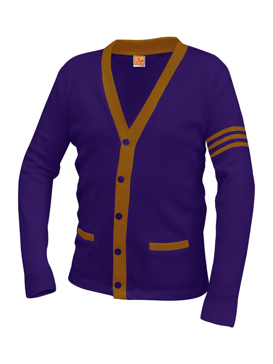 Unisex Two-Pocket Varsity 5-Button Contrast Cardigan Sweatshirt - 6340 - Purple with Old Gold Stripe