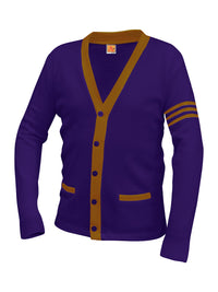 Unisex Two-Pocket Varsity 5-Button Contrast Cardigan Sweatshirt - 6340 - Purple with Old Gold Stripe