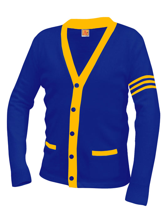 Unisex Two-Pocket Varsity 5-Button Contrast Cardigan Sweatshirt - 6340 - Reflex Blue with Superior Gold Stripe