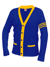 Unisex Two-Pocket Varsity 5-Button Contrast Cardigan Sweatshirt - 6340 - Reflex Blue with Superior Gold Stripe