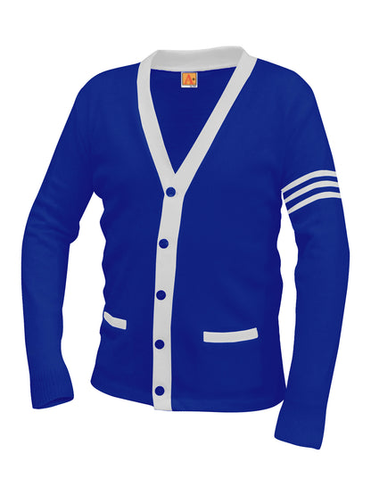 Unisex Two-Pocket Varsity 5-Button Contrast Cardigan Sweatshirt - 6340 - Reflex Blue with White Stripe