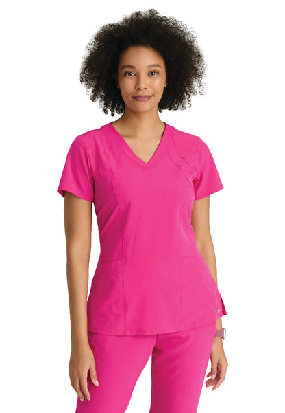 Women's Four-Pocket V-Neck Racer Scrub Top - 5105 - Prestige Pink