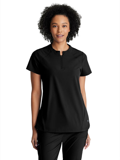 Women's 2 Pocket Banded Zip Collar Flux Scrub Top - BOT216 - Black